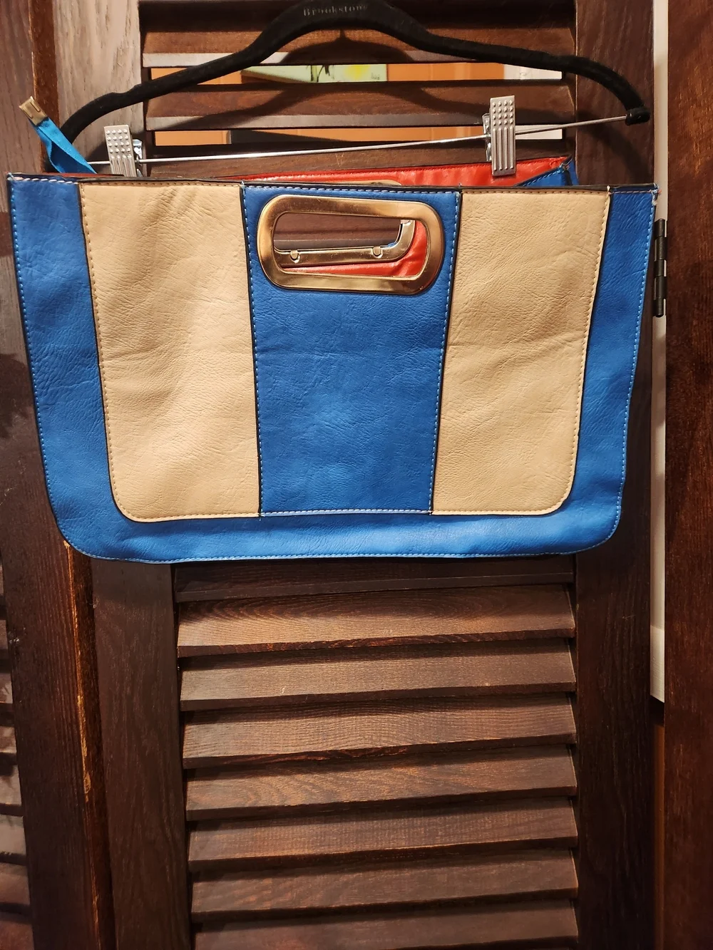 Blue and Cream Colorblock Handle Clutch Bag with Red Interior
